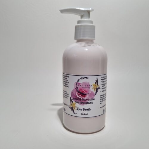 A light pink pump bottle of Pattini Skincare product labeled “Rose Body Lotion” placed against a plain white background.