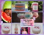 A collage featuring skincare and beauty products including jars, bottles, and a central cotton‑candy themed product display. The centre panel reads “THE SNACK PACK – Curated for the Snack Squad.” The collage uses bright, colourful imagery such as watermelon, cotton candy, and floral accents as a decorative theme.