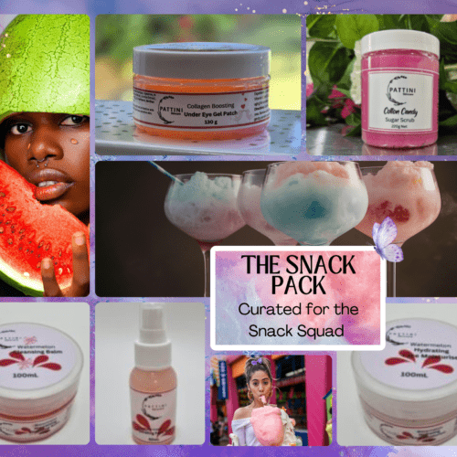 A collage featuring skincare and beauty products including jars, bottles, and a central cotton‑candy themed product display. The centre panel reads “THE SNACK PACK – Curated for the Snack Squad.” The collage uses bright, colourful imagery such as watermelon, cotton candy, and floral accents as a decorative theme.
