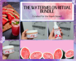A promotional collage featuring watermelon‑themed skincare products and fresh watermelon imagery. The centre panel reads “THE WATERMELON RITUAL BUNDLE – Curated for the Snack Squad.” The surrounding images show jars and a spray bottle from the bundle, alongside watermelon slices and a pink gradient background.