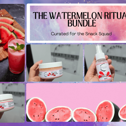A promotional collage featuring watermelon‑themed skincare products and fresh watermelon imagery. The centre panel reads “THE WATERMELON RITUAL BUNDLE – Curated for the Snack Squad.” The surrounding images show jars and a spray bottle from the bundle, alongside watermelon slices and a pink gradient background.