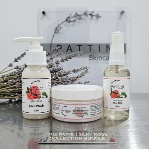 A set of three Pattini Skincare Silky Rose products—a face wash, face moisturiser, and face mist—arranged together with lavender stems in the background.
