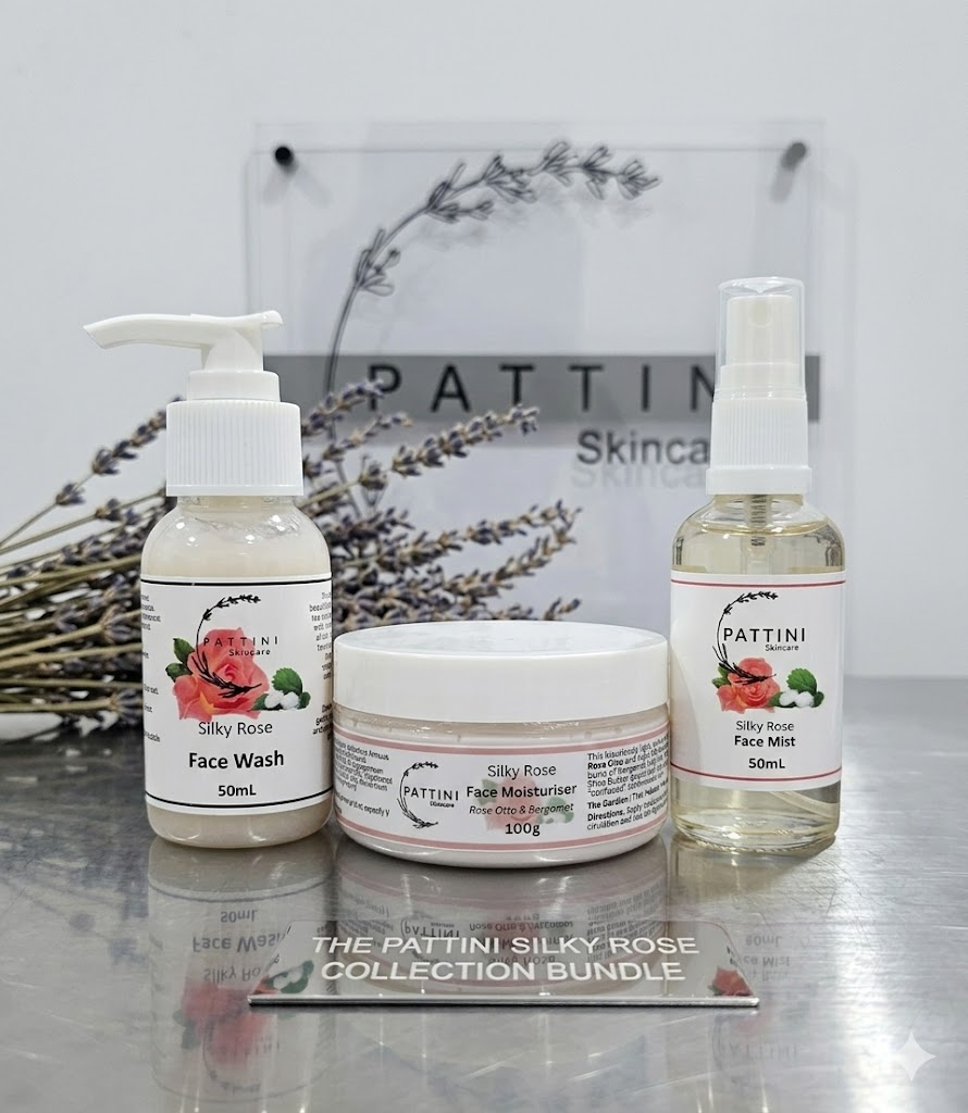 A set of three Pattini Skincare Silky Rose products—a face wash, face moisturiser, and face mist—arranged together with lavender stems in the background.