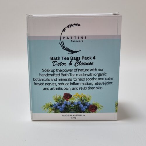 A product label for Pattini Skincare Bath Tea Gift Pack featuring herbs and flowers, with text describing the product benefits.