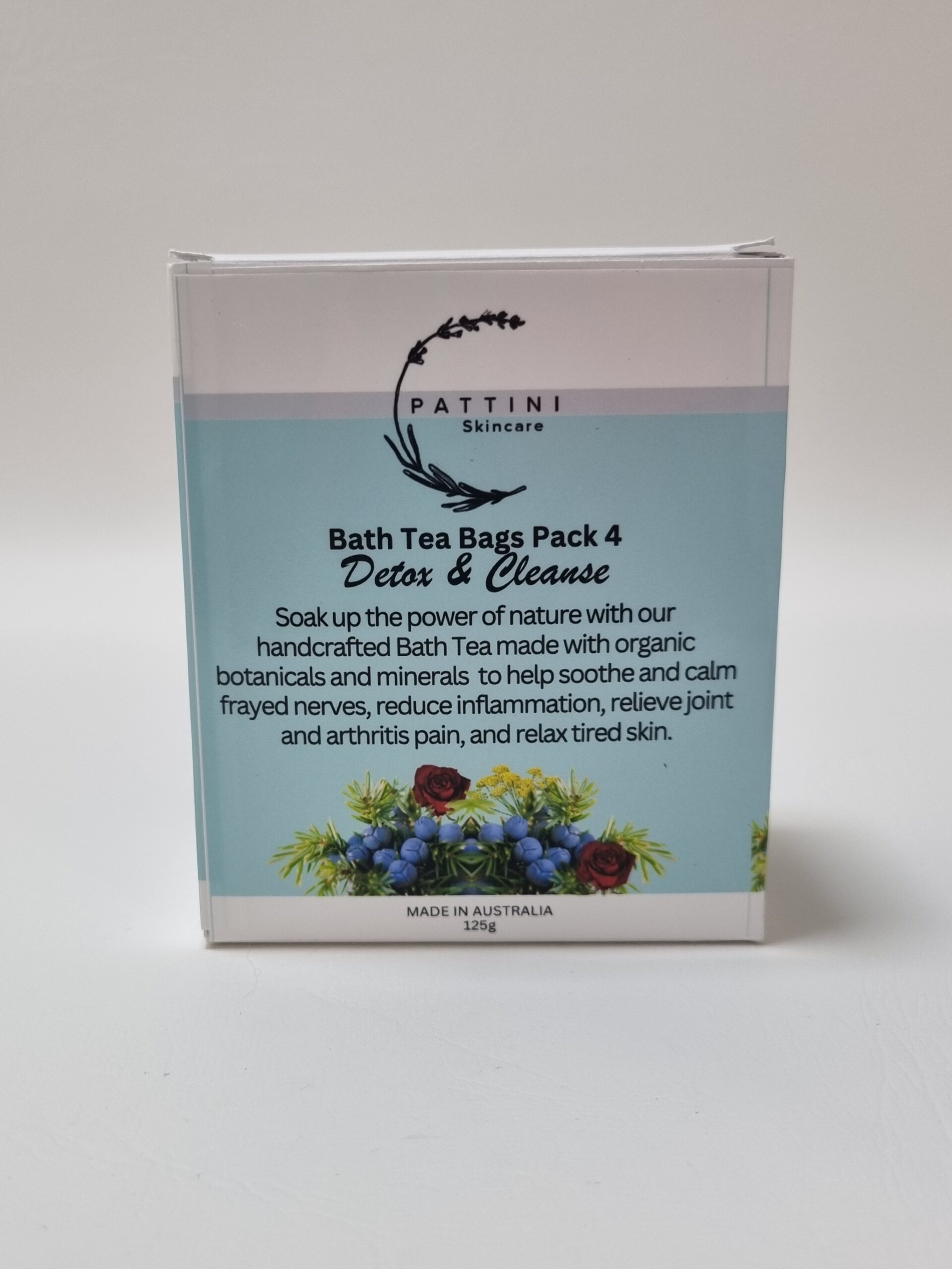 A product label for Pattini Skincare Bath Tea Gift Pack featuring herbs and flowers, with text describing the product benefits.