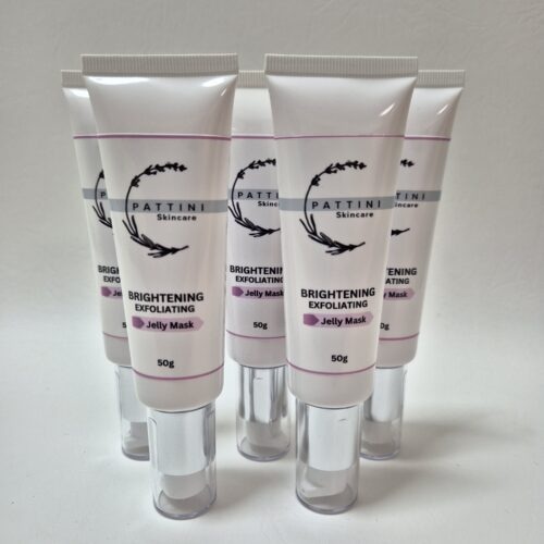 Five tubes of Pattini Skincare Brightening Exfoliating Jelly Mask arranged in a semi-circle on a plain white background